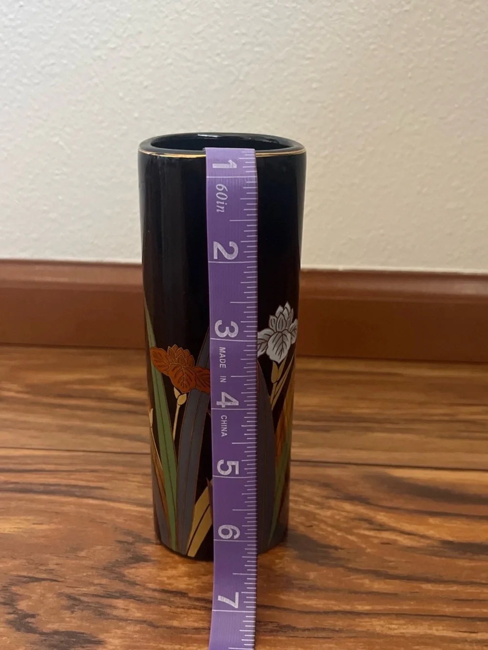 Otagiri Black Cylinder Vase with Orange and White Floral Motif (made in Japan)